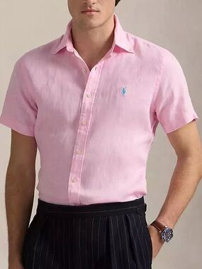 Ralph Lauren Men's Short-Sleeve 100% Linen Button-Up Pink Blue Logo Shirt L